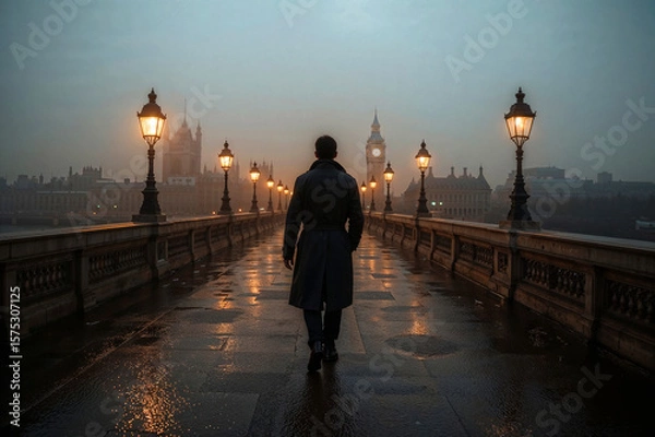Obraz Lone Man Walking on Bridge Towards Big Ben at Misty Dawn