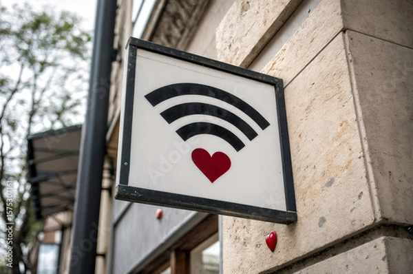 Fototapeta shows a sign on the exterior of a building with a Wi-Fi signal icon and a red heart below it. The sign is mounted on a stone wall, and there is a black pole and some trees visible in the background.