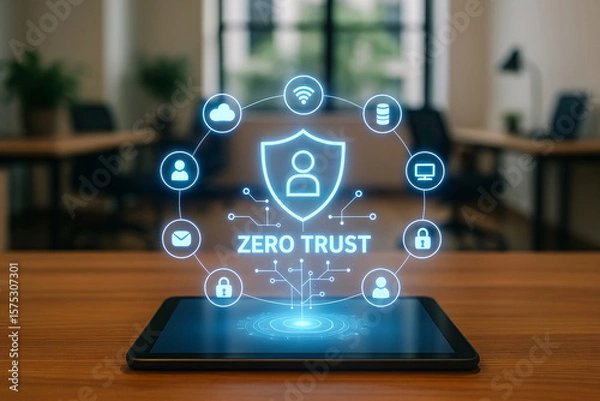 Obraz Secure digital shield concept illustrating zero trust cybersecurity architecture on a tablet display within an office setting