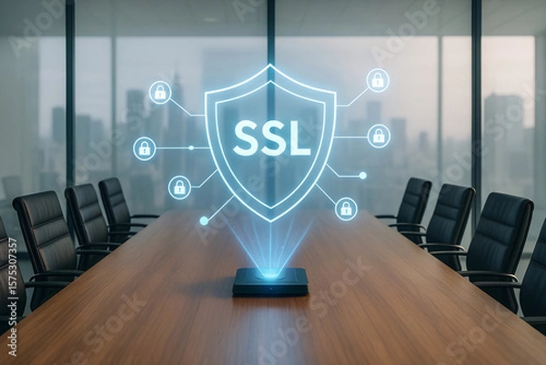 Obraz Secure socket layer ssl security concept represented by hologram on conference room table with a focus on cyber protection