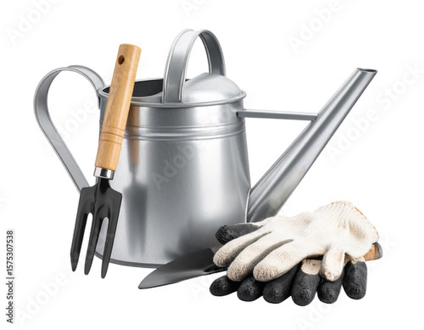 Fototapeta Gardening Tools Set with Gloves and Watering Can
