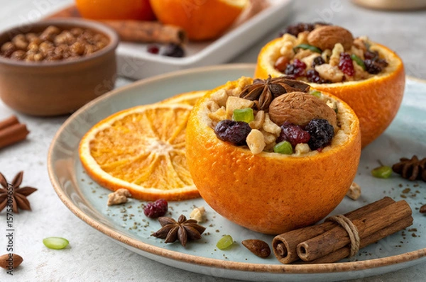 Fototapeta shows two orange halves filled with a mixture of nuts, dried fruits, and other ingredients, placed on white plates with additional nuts and spices scattered nearby. The setting is likely a festive or 
