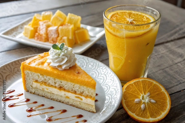 Fototapeta shows a slice of orange cake with whipped cream and caramel sauce on a plate, accompanied by a glass of orange juice with a slice of orange and a plate of diced oranges in the background.