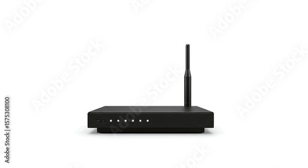 Fototapeta A black wireless router with a single antenna, centered on a white background.