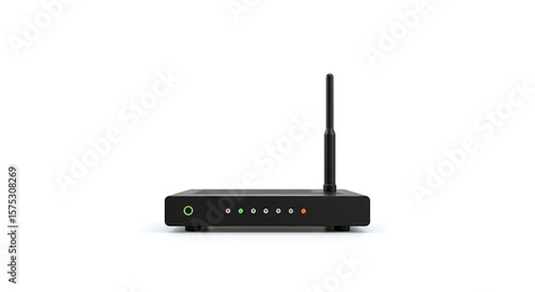 Fototapeta A black wireless router with an antenna stands on a white surface, showing indicator lights.