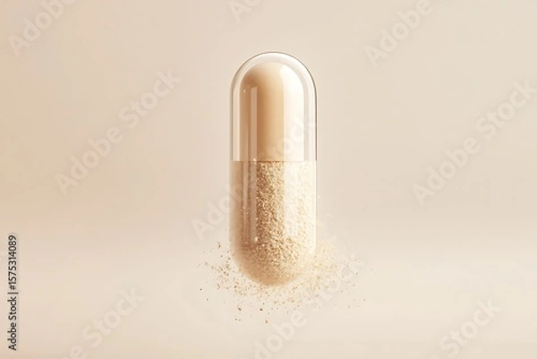 Fototapeta Floating Dietary Supplement Capsule with Beige Powder Contents on Plain Background Closeup