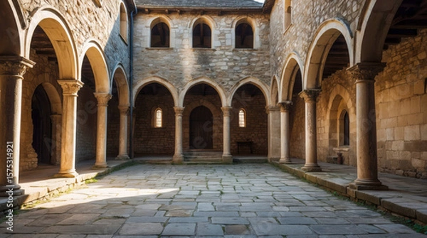 Fototapeta A serene medieval cloister bathed in sunlight. Ancient stone arches and pillars surround a quiet courtyard, evoking a powerful sense of history and tranquility.