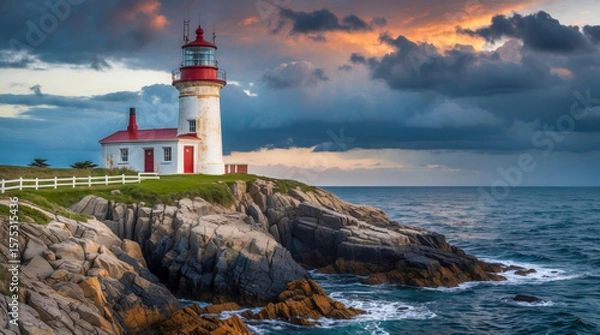 Fototapeta A classic red-and-white lighthouse stands on rugged coastal cliffs at sunset, overlooking the crashing ocean waves beneath a dramatic, colorful sky.