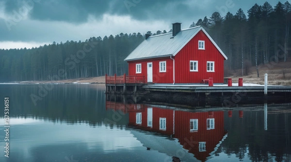 Fototapeta A solitary red house stands on a tranquil lake, its perfect reflection mirrored in the glassy water. The moody sky and silent forest create a scene of profound serenity.