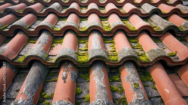 Fototapeta An old, weathered roof with curved terracotta tiles. Bright green moss grows in the gaps, creating a textured pattern of decay and natural beauty.