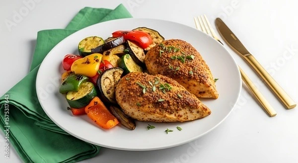 Fototapeta Two chicken breasts served with grilled vegetables on a white plate setting