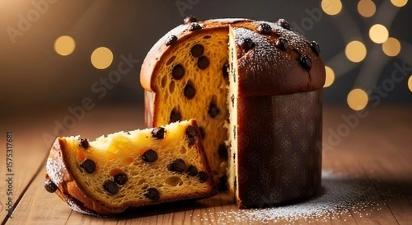 Fototapeta A sliced panettone with chocolate chips and powdered sugar on a wooden surface