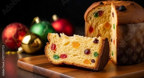 Fototapeta A slice of panettone on a wooden board with christmas ornaments in background