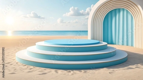 Fototapeta Modern tiered stage on a sandy beach with ocean and sky backdrop and architectural archway