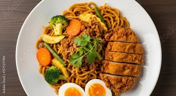 Fototapeta Overhead shot of noodles with sliced fried chicken and boiled eggs on plate