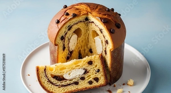 Fototapeta Close up of a sliced panettone cake with chocolate chips on a white plate