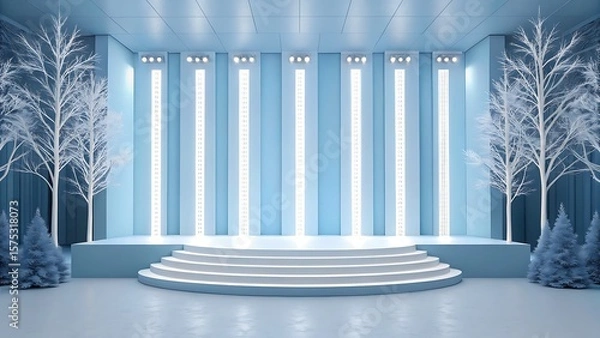Fototapeta Modern stage with frosted trees and tiered steps illuminated by spotlights in a cool blue winter theme