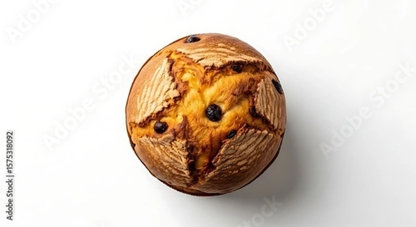 Fototapeta Overhead view of a baked panettone with raisins on a white background plain