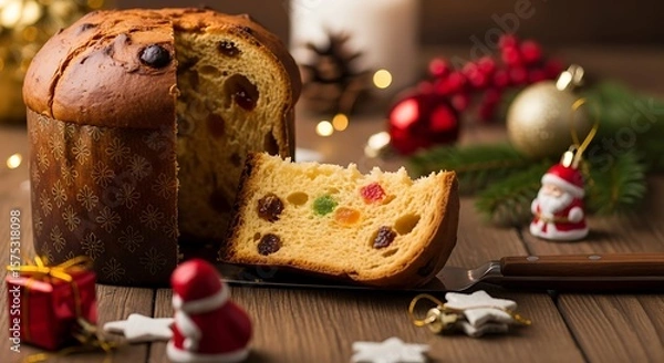 Fototapeta A sliced panettone with christmas decorations on a wooden table surface view