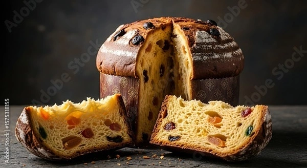Fototapeta A close up shot of a sliced panettone with candied fruit and dark background