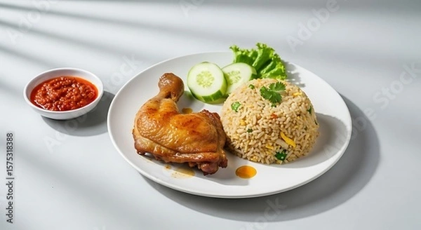 Fototapeta A plate with fried rice chicken leg cucumbers lettuce and a bowl of sauce