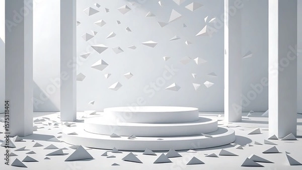 Fototapeta Minimalist white stage with floating geometric shapes and scattered pyramids in architectural setting
