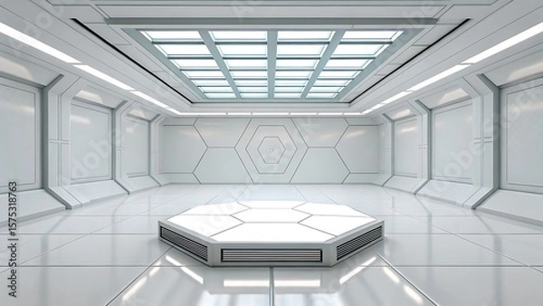 Fototapeta Modern futuristic white hexagonal room with central platform and skylight ceiling