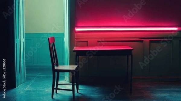 Fototapeta Empty room with neon light and wooden table and chair.