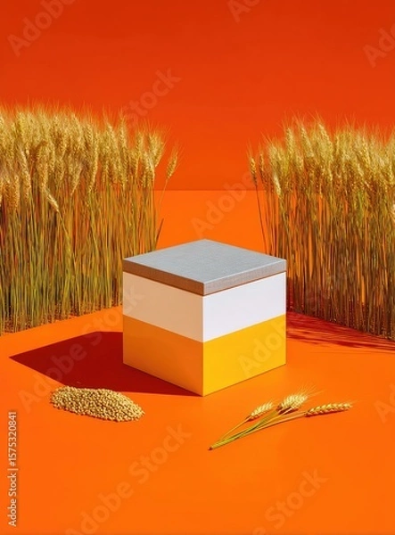 Fototapeta Geometric cube on orange, wheat stalks