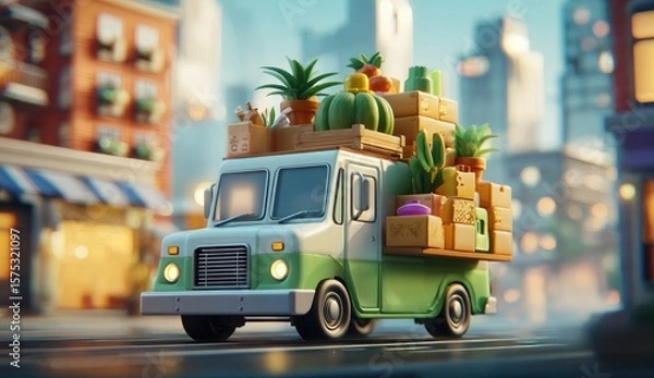 Fototapeta Animated delivery van loaded with produce