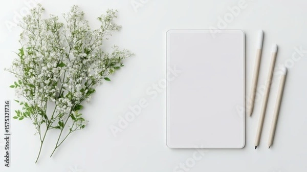 Fototapeta A bouquet of small white flowers next to a blank notepad and pencils.