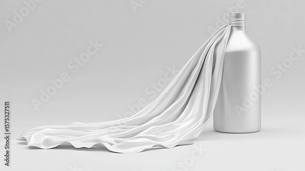 Fototapeta Elegant draped fabric surrounding a metallic bottle.