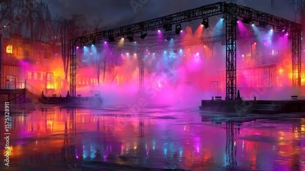 Fototapeta Colorful Concert Stage with Fog and Vibrant Lighting at Night
