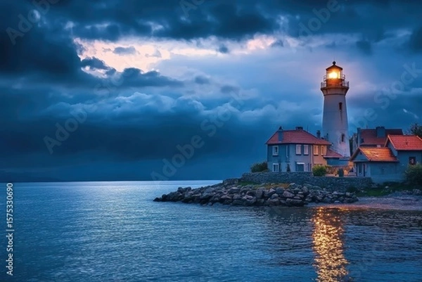 Fototapeta Dusk settles over seaside village with lighthouse casting light across calm waters, Seaside village at dusk with a lighthouse casting light over calm waters under a cloudy sky