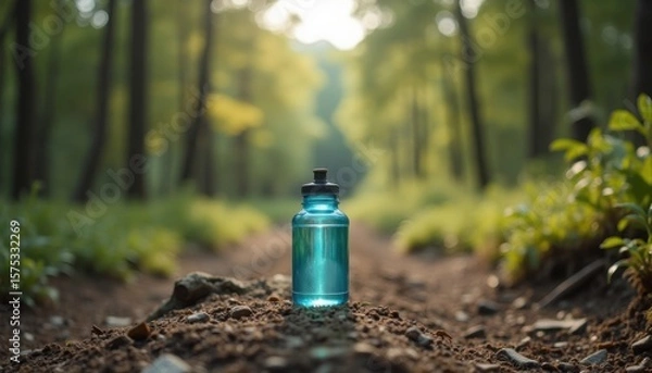 Fototapeta A refreshing blue water bottle rests on a trail in a lush, green forest path, bathed in sunlight.