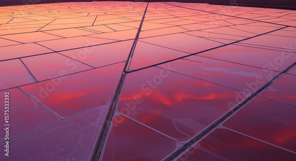 Fototapeta Aerial view of salt ponds reflecting the vibrant colors of the sunset sky, creating a mosaic pattern.