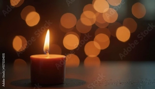 Fototapeta Illuminated candle flame creates soft bokeh glow on reflective surface symbolizing hope and peace.