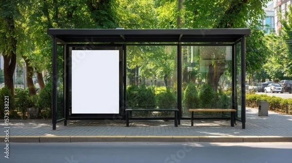 Fototapeta Stunning photo of modern bus stop shelter with blank advertising billboard in urban setting. Black metal frame, glass panels, green trees. Sunny day. Public transportation.