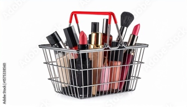 Fototapeta A metal beauty basket with red handles overflowing with a colorful assortment of makeup essentials—lipsticks, foundation bottles, brushes, and other cosmetics