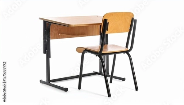 Fototapeta A classic wooden school desk and chair set with black metal legs, arranged for individual use—symbolizing traditional classroom furniture, student learning, and academic environment.