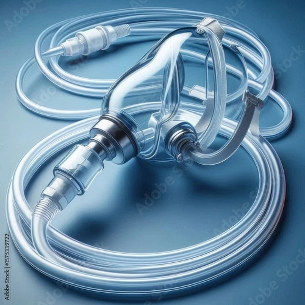 Fototapeta Transparent oxygen mask with tubing placed on a clean blue background