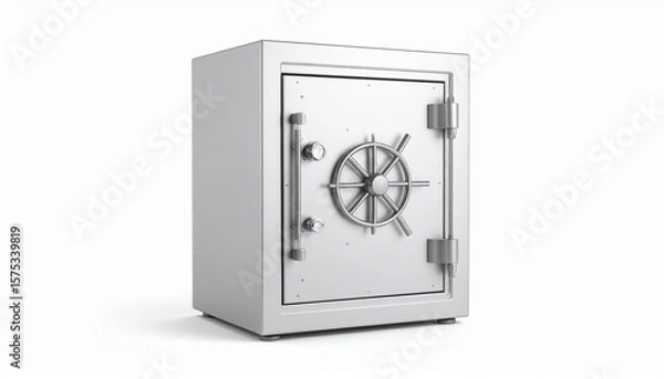 Fototapeta A grey metal security safe with a mechanical combination dial and a three-spoke locking handle, designed for secure storage of valuables in homes or offices.