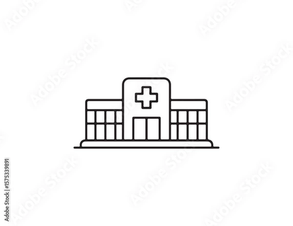 Fototapeta Simple line art icon of a hospital building with a cross symbol isolated on white background