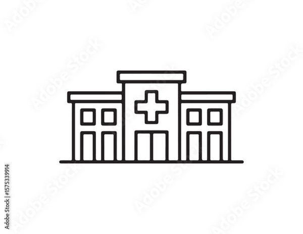 Fototapeta Simple black line art icon of a hospital building with a cross symbol isolated on white background