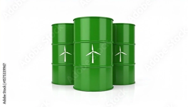 Fototapeta Three green barrels with white wind turbine symbols arranged in a triangular formation, placed on a light surface—symbolizing renewable energy, sustainable resources