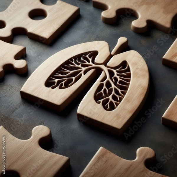 Fototapeta Wooden puzzle piece with lung shape engraved, placed on dark textured surface