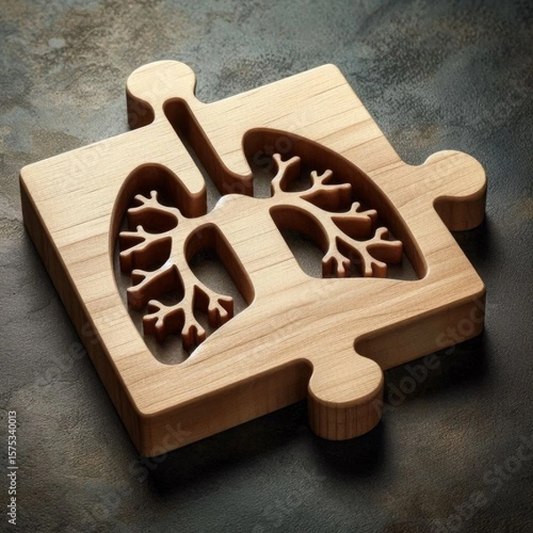 Fototapeta Wooden puzzle piece with lung shape engraved, placed on dark textured surface
