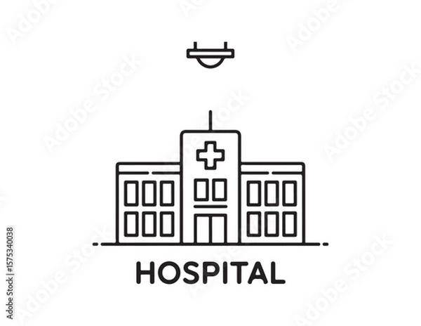 Fototapeta Simple line art icon of a hospital building with a cross symbol and the word hospital isolated on white background