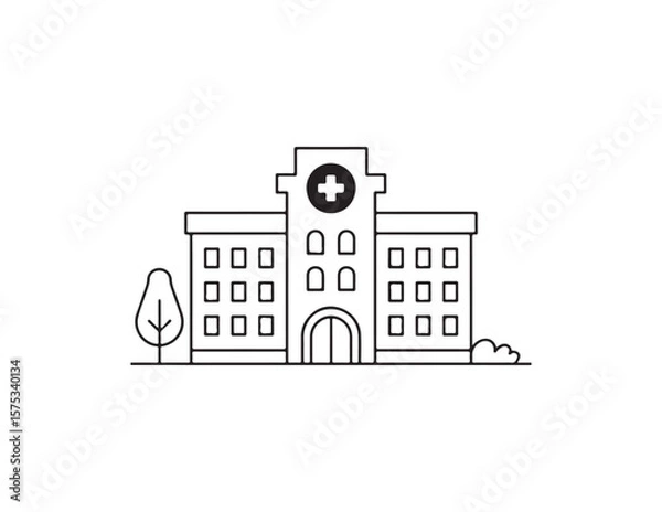 Fototapeta Simple outline drawing of a hospital building with a tree and bush isolated on white background