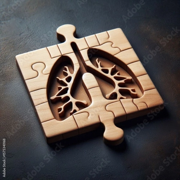 Fototapeta Wooden puzzle piece with lung shape engraved, placed on dark textured surface
